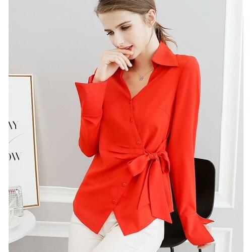 Women red polyester blouse shirt long sleeve turn down collar tops