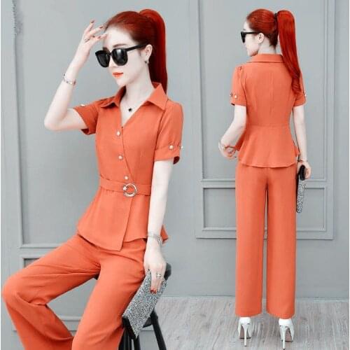 Plus Size 4XL Women Pants 2-Piece Set 2021New Female Summer Set Lady Slim Tops+ Long Pants Two-Piece Suit Short Sleeve Suit C726