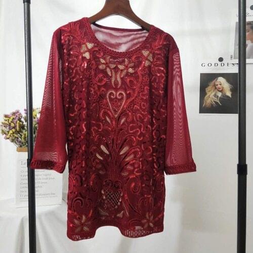 Three Quarter women Embroidered Floral Sequin Comfortable Top Loose Pullover Medium Long Vintage T Shirt Women Clothes Tshirt