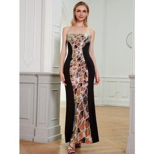 Angel-fashions Womens Strapless Splicing Sequin Mermaid Long Evening Dresses 547