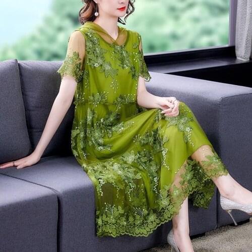 Summer Womens Short Sleeve Hooded Green Embroidery High Waisted Lond Dress , Woman Casual 4xl 5xl A Line Dresses