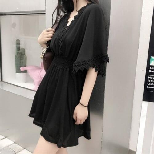 Women Casual Chiffon Dress V Neck Half Sleeve Lace Up Party Mini Shirt Dress Elastic Waist Summer Dresses Office Ladies Vestidos