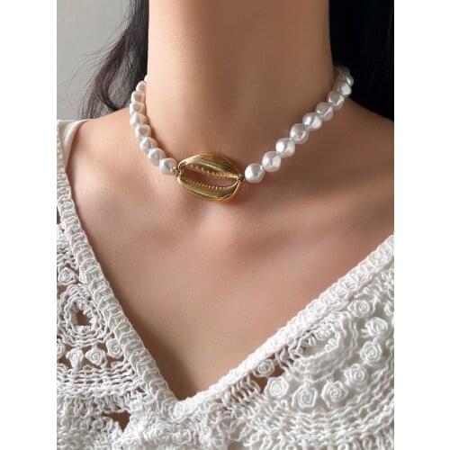 Stillgirl One Piece Vintage Gold Shell Pearl Necklace for Women Kpop Boho Aesthetic Choker Geometric Female EMO Fashion Jewelry