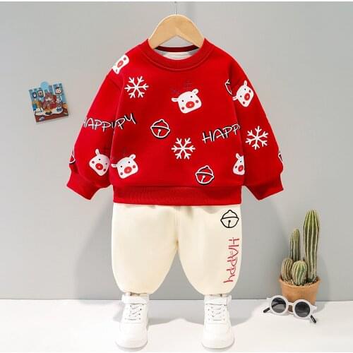 0-4-year-old childrens suit boys and girls' Plush thickened long sleeve sweater two-piece Baby Christmas cartoon clothes