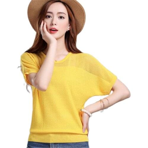 T-shirt womens summer new short-sleeved loose pullover round neck ice silk body knit sweater fashion thin Korean style top A489