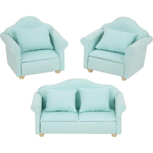 Toy Accessory Room Derection Furniture Toy Accessory Doll House Plaid Sofa Cushion Blue/White 3 Pcs Set Accessory