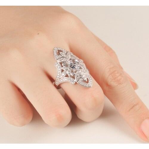925 Sterling Silver Ring Female Luxury Flower Design Wide Face SONA Simulation Diamond Jewelry