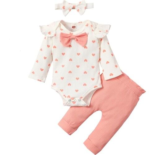 Imcute 0-24M Newborn Infant Baby Girl 3Pcs Outfits Heart Print Ruffled Long Sleeves Romper Elastic Waist Pants Headband
