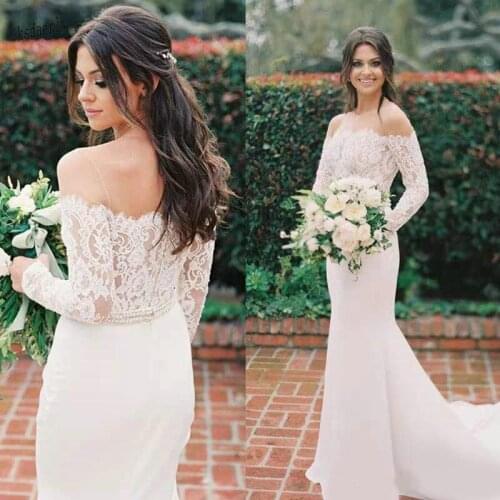Lace Long Sleeve Mermaid Wedding Dress 2020 See Through Tulle Off the Shough Boho Bridal Gowns Simple Vestido De Noiva
