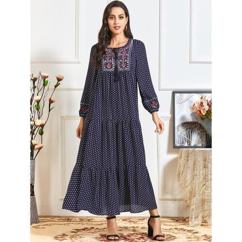 Muslim dress Long sleeve casual blue pleated dress long skirt fashion spring autumn embroidery womens print Abaya Dubai Dresses