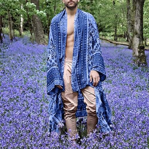 Man Fashion Long Sleeve Loose Spring Oversized Printing Blanket Cape Long Sleeve Open Stitch Cardigans Long Coats Outwear#g3