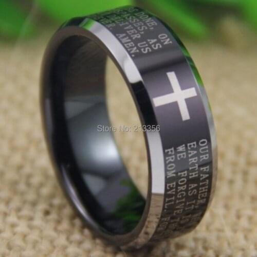 2015 New Arriving Ring 8mm Black Silver Beveled The Lord Prayers Tungsten Ring for Wedding(Free Shipping/Free Engraving)