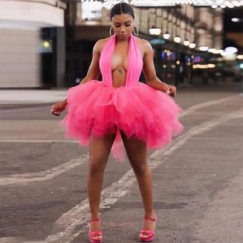 Sexy Backless Fuchsia Short Tulle Women Dresses Halter Hot Pink Puffy Tulle Party Dresses 2020 Fashion Vestido Custom