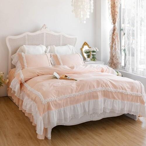 Luxury 400TC Washed Cotton Princess Bed Skirt Bedding Set Lace Ruffles Duvet Cover Set Quilt Cover Bed Comforter Set Bed Linen