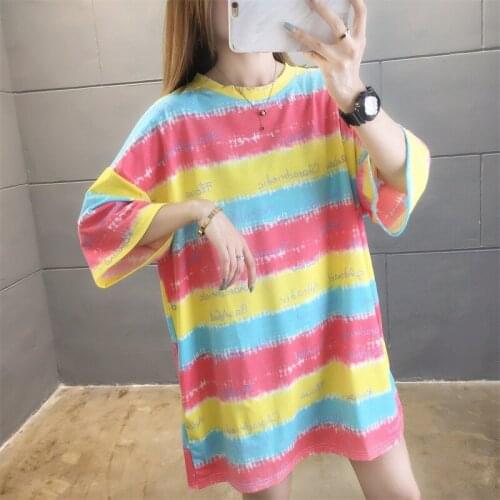 QRWR 2021 Summer Women T Shirt Fashion Casual O Neck Short Sleeve Womens Top Loose Striped Print Oversized T Shirt M-2XL