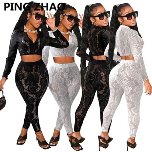 PING ZHAO Women Two Piece Lace Suits Long Sleeve Crop Top & Skinny See Through Pants Set Sexy Outfit