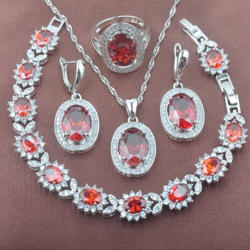 2020 New Womens Silver Plated Jewelry Sets Red Zirconia Bracelet Necklace Pendant Earrings Ring YYZ093