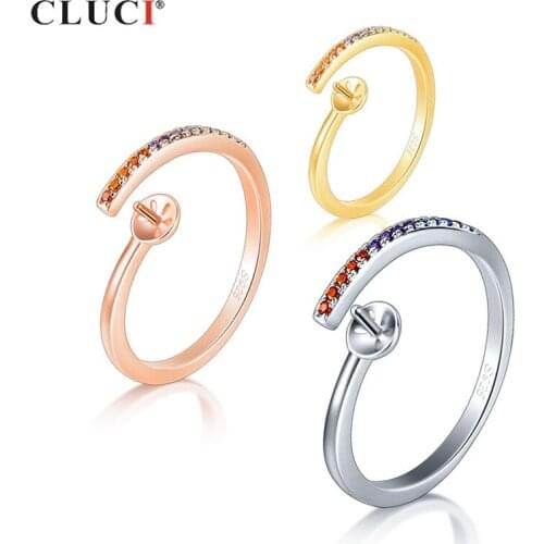 CLUCI Silver 925 Zircon Pearl Ring Mounting for Women Jewelry 925 Sterling Silver Adjustable Open Rings Simple Rings SR2191SB