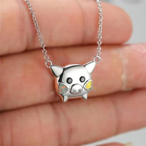 Boho Female Animal Pig Pendant Necklace Cute Heart Opal Zircon Wedding Necklace Rose Gold Silver Color Chain Necklaces For Women