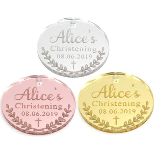 Customized 12 Pieces Chocolate Bars Plaque Rose Gold Mirror Baby Shower / Christening & Baptism Cross Favor Tags Decorations