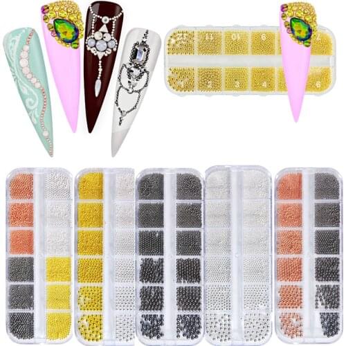 1Box12Girds(1mm-3mm)Mini Caviar Metal Beads Steel Ball Nail Stud Caviar Beads Gold/Sliver Crystal 3D Micro Ball Nail Art Charms
