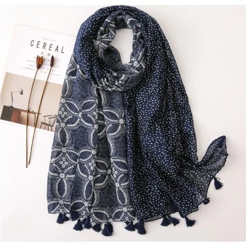 2021 Fashion Navy Blue Floral Patchwork Tassel Viscose Shawl Scarf High Quality Wrap Pashminas Stole Bufandas Muslim Hijab Snood