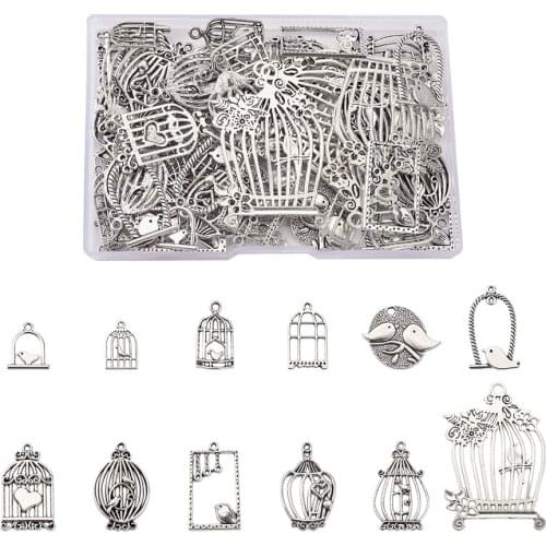 72Pcs 12 Styles Tibetan Style Birdcage Charms Pendants Antique Bronze/Silver Color For DIY Earrings Necklace Jewelry Making