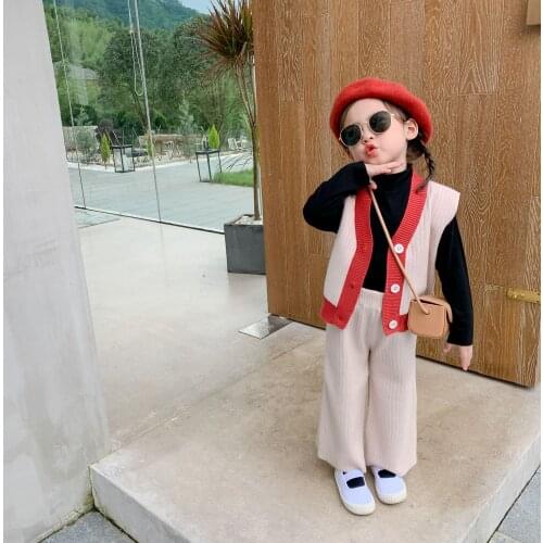 Childrens Autumn Suit 2021 New Sweet Cute Color Patchwork Color Vest Cardigan Girls Solid Casual Wide Leg Pants Two Piece Set