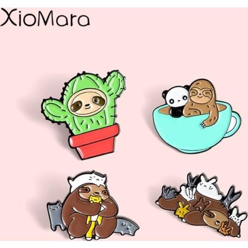 Sloth And His Friends Enamel Pins Cartoon Cat Panda Bunny Flash Cactus Animal Jewelry Badge Brooch Lapel Pins Shirt Gift for kid