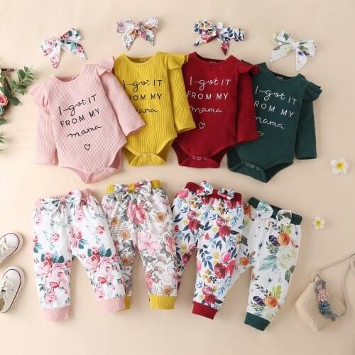 3 Pieces Baby Girls Clothes Set Letter Embroidery O-Neck Long Sleeve Romper+ Floral Print Long Pants+ Headband, 0-24 Months