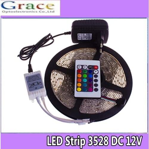 Hot! RGB led strip 3528 flexible strip light DC12V 5M 300led +24key IR remote controller +power adapter EU/US/AU Plug free ship