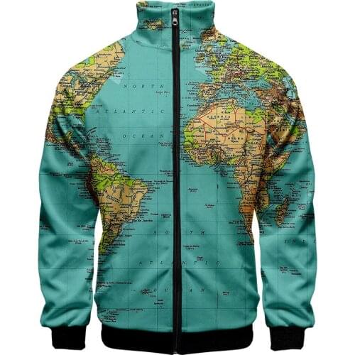 World Map 3D Print Mens Jackets Harajuku Cardigan Stand Collar Zipper Baseball Jacket Outerwear Casual Sportswear