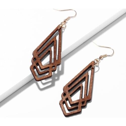 New Geometric Diamond Hollow Wooden Earrings Europe Creative Retro Simple Earrings Earrings for Women 2020