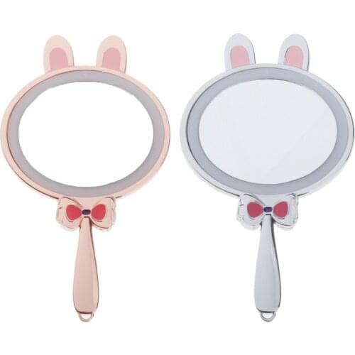 USB Charging Rabbit Handheld LED Lighted HD Round Mirror Portable w/ Handle