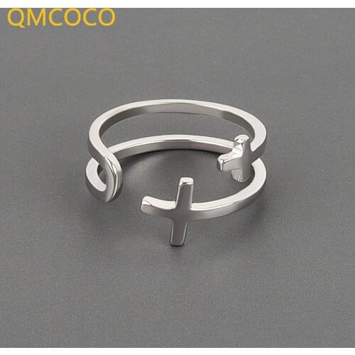 QMCOCO 925 Silver Japan-Korea INS Style Fashion Personality Double Cross Opening Adjustable Women Ring For Finger Decoration