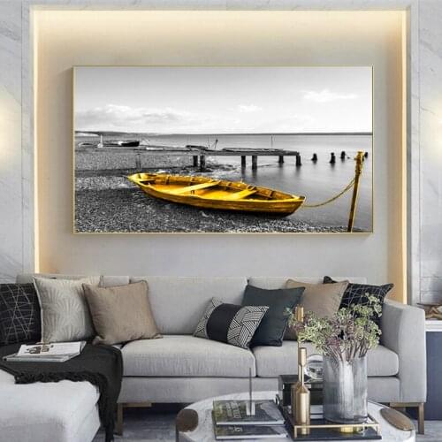 Modern landscape art beach and golden boat Canvas Paintings Poster and Prints Wall Art Pictures for Living Room Decor (No Frame)