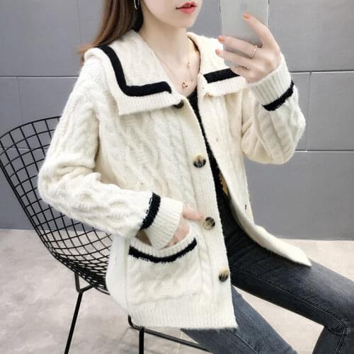 Navy collar sweater jacket ladies 2021 fall/winter womens new fashion all-match loose knit long-sleeved color matching cardigan