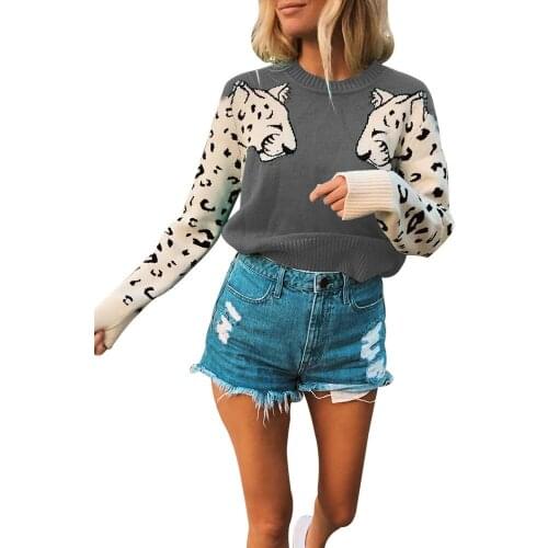 Women Sweater Green Leopard Pattern Pull 2021 Long Sleeve Knit Sweater Casual Autumn Winter Sweaters O-Neck Pullover Jumperer