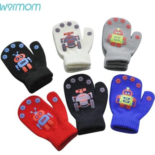Warmom Cute Little Robot Printed Non-slip Knitted Gloves Baby Newborn Accessories Childrens Winter Warm Mittens Baby Gloves