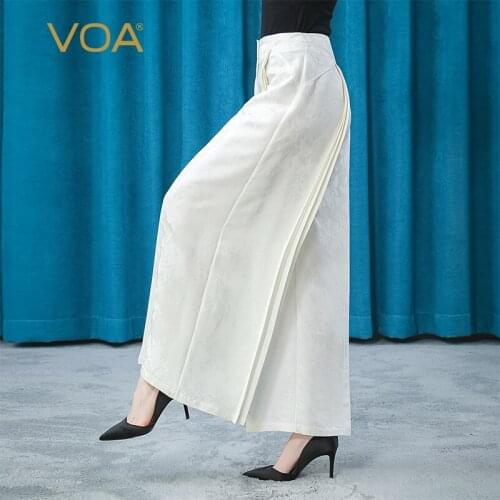 VOA Silk Heavy 38m/m Jasmine White Jacquard Natural Waist One Button Three Dimensional Pleated Wide Leg Pants KE322