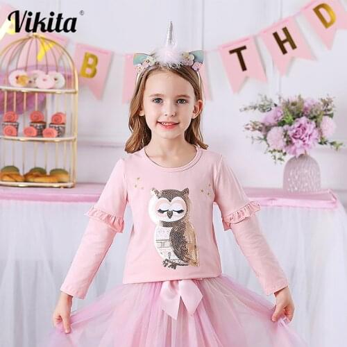 VIKITA Girls Tees Long Sleeve Children Cotton T-shirt Kids Spring Autumn Unicorn Owl Fox Rainbow T shirt Children Clothing