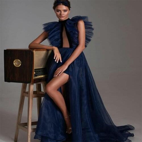 Navy Gorgeous A Line Evening Dresses Ruffles Tulle High Neck Prom Dress Chic Sweep Train Custom Made Robe de soirée Cheap