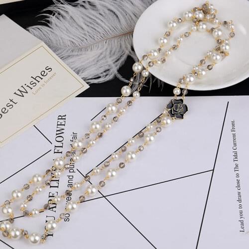 High Quality Long Pendants Layered Pearl Necklace Collares de moda Camellia Flower Party Jewelry