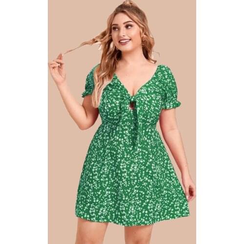 Green Floral Plus Size Sundresses Women 2021 Large Size Ladies Summer Clothes A-Line V-Neck Short Sleeve Beach Midi Dress Girl