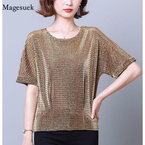 2021 Summer Elegant Shiny Sequin T-shirt New Women T-Shirt O-neck Bright Silk Plaid Short Sleeve Blouse Female Blusas 15770