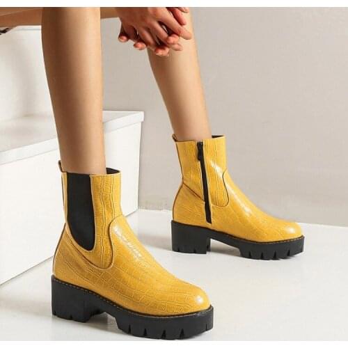 Yellow Black Silver Womens Boots Autumn Basic Embossing Ladies High Heeled Shoes Zip Platform Square Heel Working Women Boots