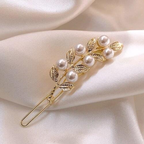 Exquisite Alloy Leaf Pearl Hair Clips Gold Color Hairpins Barrette Hair Accessories for Women Girl Hairgrip Headwear H002