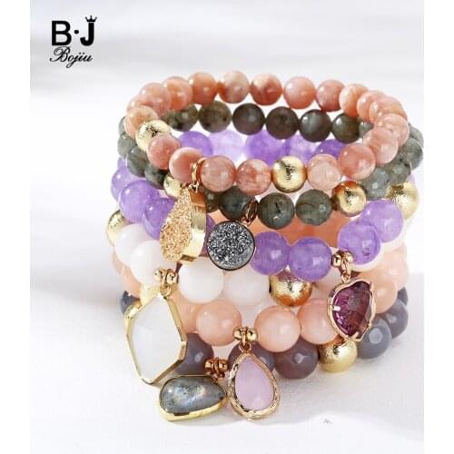 Bojiu Fashion Jelwery Women Bracelet Natural Stone String Beaded Purple Stone Gold Bead with Shaped Pendant Charm BCSET42