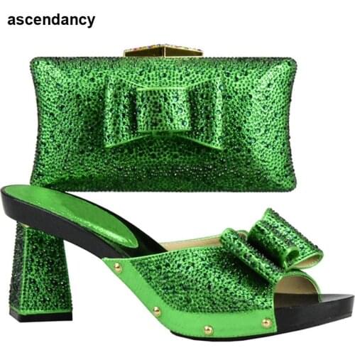 Green Color Women Shoes and Bag Set In Italy Matching Shoes and Bag Set Decorated with Rhinestone Nigerian Women Shoes and Bag