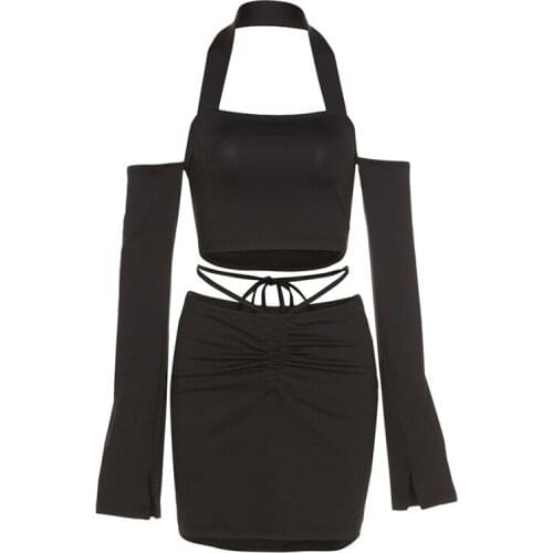 Women Halter Mini Skirt Set Solid Sexy Long Sleeve Crop Top Shirring Hip Short Skirt Slim Summer Hot Girls Sexy Night Club Wear